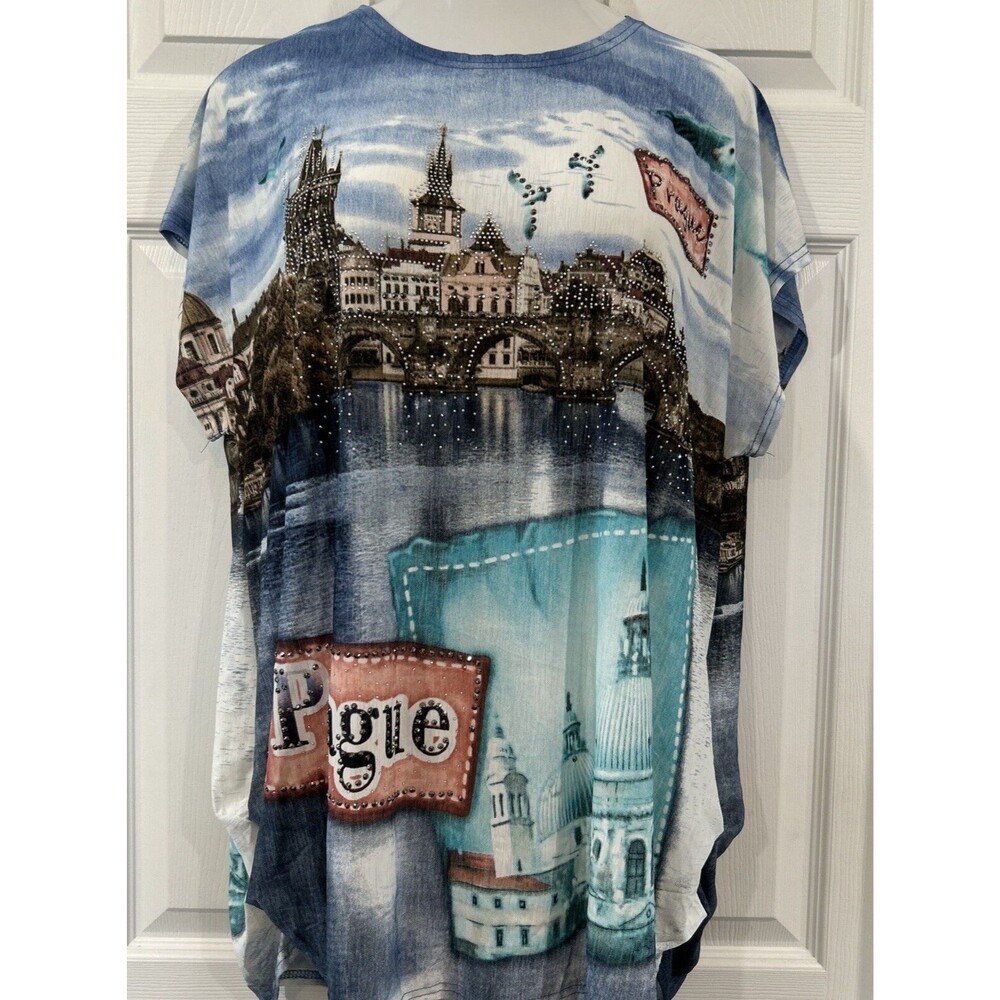 Casa Donna Linen Blend Lightweight Prague City Scape Print Top Tunic Sparkle XL